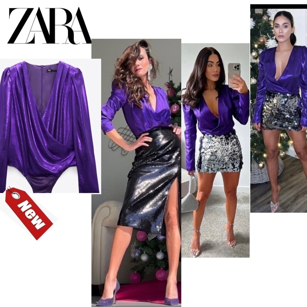 Zara purple metallic foil draped long sleeve bodysuit Sz S NWT bloggers fave